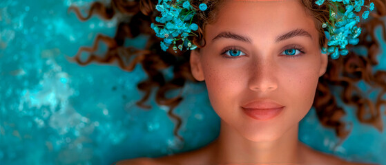 Young woman with long brown hair and blue eyes is laying in a bathtub, Spa concept