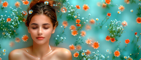 Beautiful young woman floating in bathtub filled with flowers, Spa and wellness concept