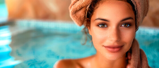 Close up woman in bathtub with towel wrapped around her head, Spa and wellness concept
