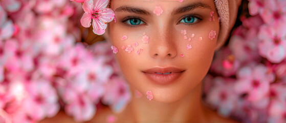 Close up young woman sitting in bed of pink flowers, wellness concept