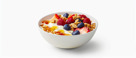 Front view of bowl of cereal with blueberries and strawberries