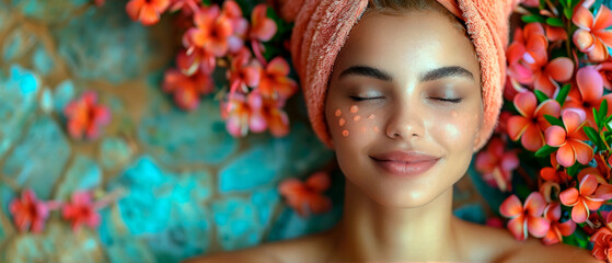 Woman laying in bathtub with flowers around her, Spa and wellness concept