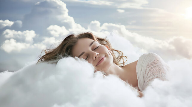 A woman peacefully laying on a fluffy white cloud floating in the sky.