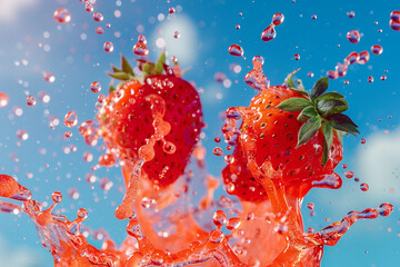 Ripe strawberry splash with water droplets.