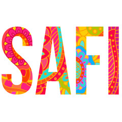 Safi city in Morocco text design, filled with colorful doodle pattern.  Use for travel blog, poster, print, tourist advertisement