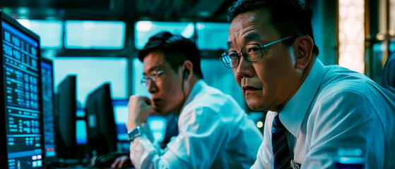 Close up two men sitting at computer with their eyes on the screen
