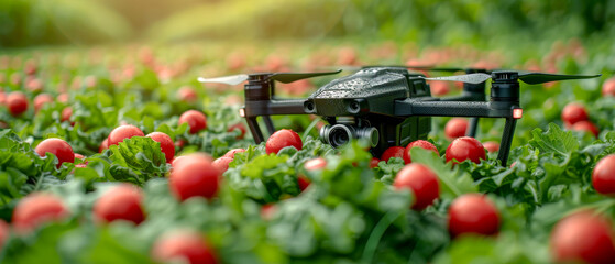 Drone flying over field of red tomatoes. Concept of technological advancement