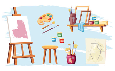 artist tools. brush, paint, palette, easel, paintbrush, canvas, cartoon minimalistic flat painting attributes collection, drawing supplies set. vector cartoon items isolated on white background.