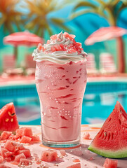 watermelon frappe summer refreshing drink with whip cream.