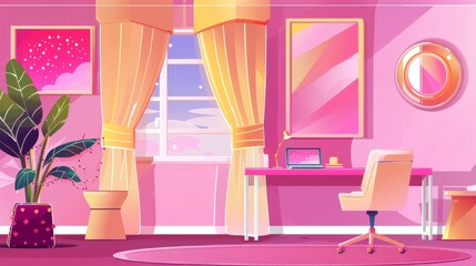 The background of this groovy room modern interior design features a girly bedroom inside with a bed, mirror, and a computer in the morning, along with a vintage armchair, a Y2K poster, and a window.