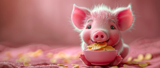 A cute pig is eating some food from a pink bowl