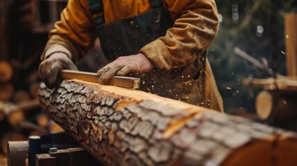A craftsman in protective gear manually planes a large wooden log, sending wood chips flying.