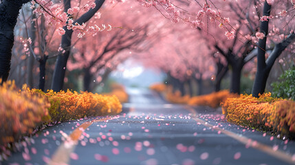 A beautiful day in Japan. The cherry blossoms are,
Tranquil countryside road lined with blooming tree

