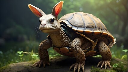 swift turtle with a bunny perched atop its back, created by AI