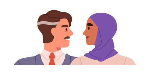 Muslim Arab couple in love. Islamic Arabic man and woman in hijab looking at each other. Happy romantic partners, wife and husband together. Flat vector illustration isolated on white background