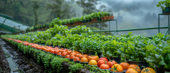 Row of potted plants with variety of vegetables including tomatoes