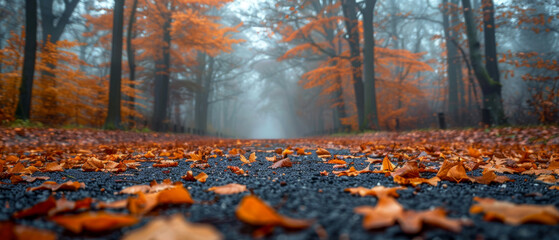 Autumnal misty forest with path through it and leaves on the ground