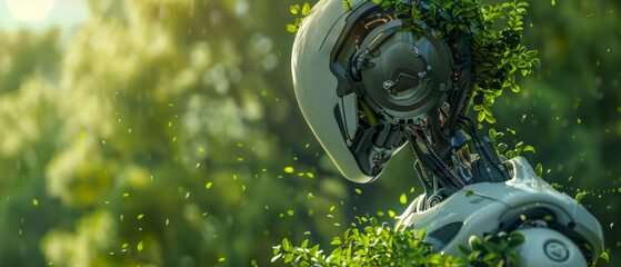 A white futuristic robot surrounded by green leaves and branches in the blurred forest