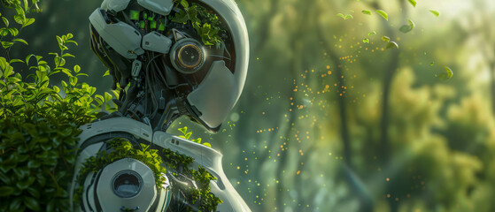 A robot with green head and body standing in forest, technology and nature
