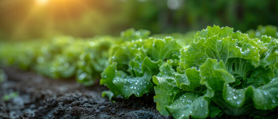 A field of green lettuce is growing in the sun