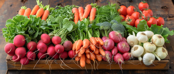 A wooden tray with a variety of vegetables including carrots, radishes