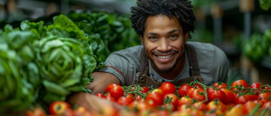 A man is smiling while laying on a pile of tomatoes