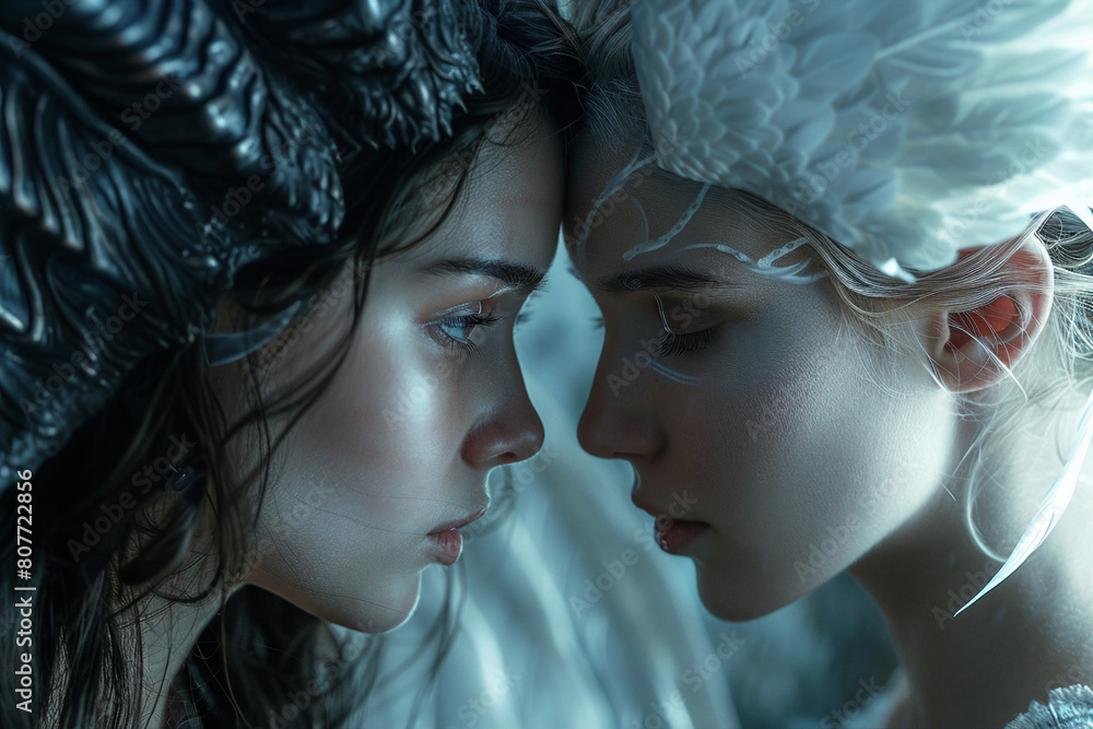 Poster generated with ai image of abstract two beautiful girls looking each other