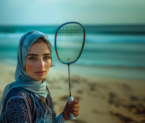 A Middle Eastern woman with a headscarf holding a badminton racket on the beach