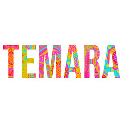 Temara moroccan city, creative text design, filled with colorful doodle pattern. Use for  card, logo, tshirt print,travel blog, festival, event, typography, posters, headline,