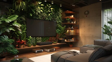 A TV lounge with a vertical garden, a floating shelf system, and a hidden projector lift