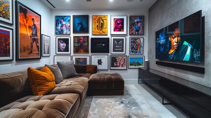 A TV lounge with a wall-mounted TV surrounded by a gallery of contemporary art prints, each piece telling a unique story, with a plush velvet sectional sofa
