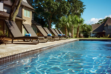 Swimming pool and sun loungers at stylish tropical spa hotel, summertime banner mockup. Summer travel sales and vacation concept.