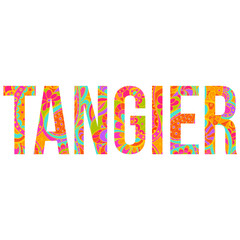 Tangier city creative text design filled with doodle pattern. Use for travel blog, festival, city event typography design, poster, headline, card, logo, tshirt print