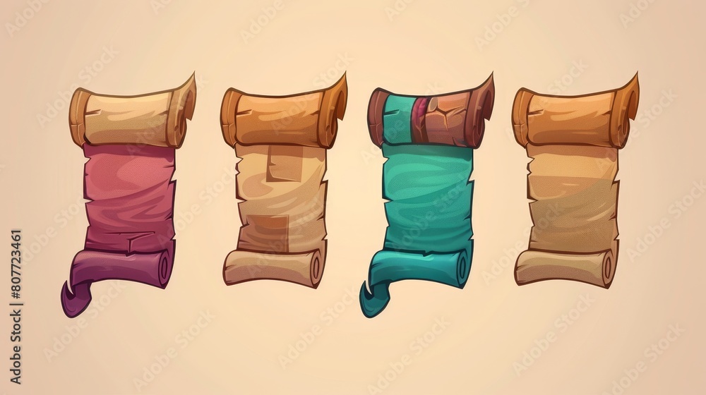 Poster a witchcraft vintage scripture design with a magic scroll parchment ui game icon cartoon. ancient pa