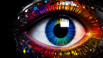 A close up of an eye with bright colors