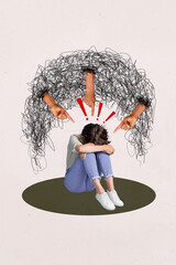 Sketch image trend artwork composite collage of young sad lady sit hug hand knees three hands...