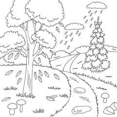 Autumn forest road graphic black white landscape sketch illustration vector 