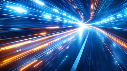 Blue light speed background with streaks of white and orange lights, representing fast data transfer or futuristic technology