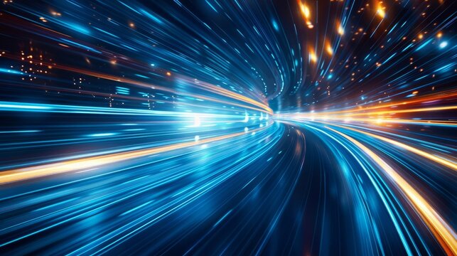 Blue light speed background with streaks of white and orange lights, representing fast data transfer or futuristic technology
