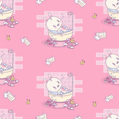 Seamless pattern with bunny rests in bubble bath in bathroom on pink background with rubber ducks. Cute funny kawaii animal character. Vector illustration. Kids collection