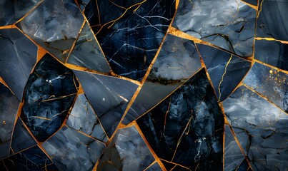 Abstract black blue gold mosaic of granite marbled marble stone tile, Generative AI