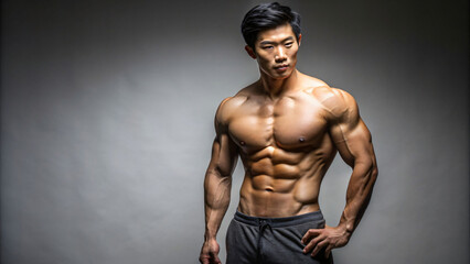 Obraz premium Athletic shirtless Asian man shows off his muscular chest