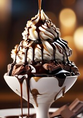 sundae with drizzling chocolate syrup celebrating world chocolate day close up detailed view of camera