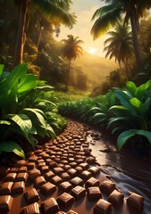 chocolate river flowing through a lush green cocoa plantation bathed in the golden light of sunrise