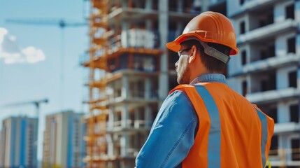 Rear view of a construction worker in safety gear observing a building site under development.