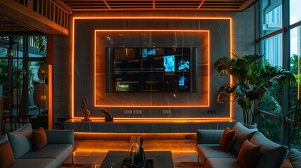 A TV lounge with a wall-mounted TV framed by a grid of LED strips, creating an artistic effect