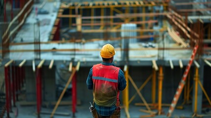 Construction worker in safety gear oversees a busy urban construction site with scaffolding.