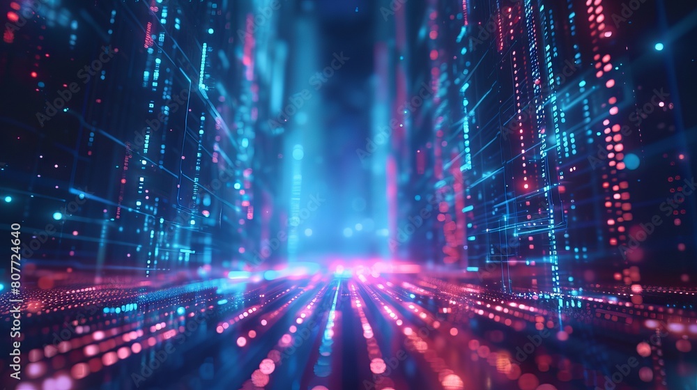 Poster futuristic abstract visualization of decentralized finance - digital hologram illustrating blockchai