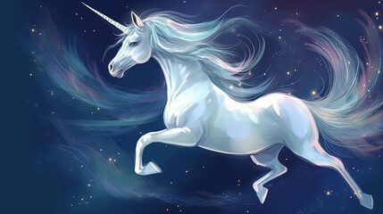 Obraz na płótnie Canvas A graceful unicorn with flowing mane and tail, surrounded by shimmering stars and celestial bodies, a sense of magic and wonder, set against a tranquil night sky, Illustration, digital painting with a