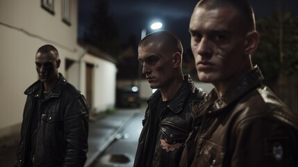 Fototapeta premium Three intense young men with shaved heads and leather jackets stand in a dark alley at night.